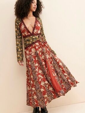 Floral Patchwork Wrap Maxi Dress - Rust